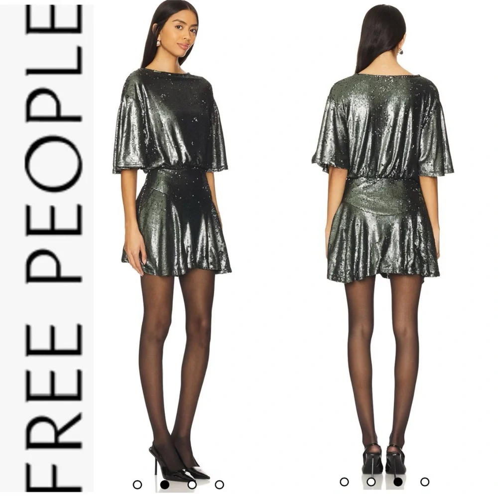 NWOT Free People Munuka Gun Metal Gray Sequin Mini Dress S - Picture 2 of 14